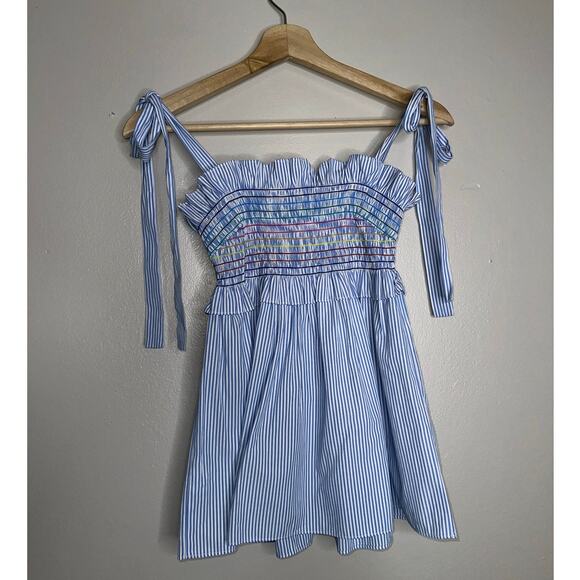 Tuckernuck Rainbow Smocked Blouse XS Multicolor Stripe Cotton Top Tie Straps - Picture 7 of 7